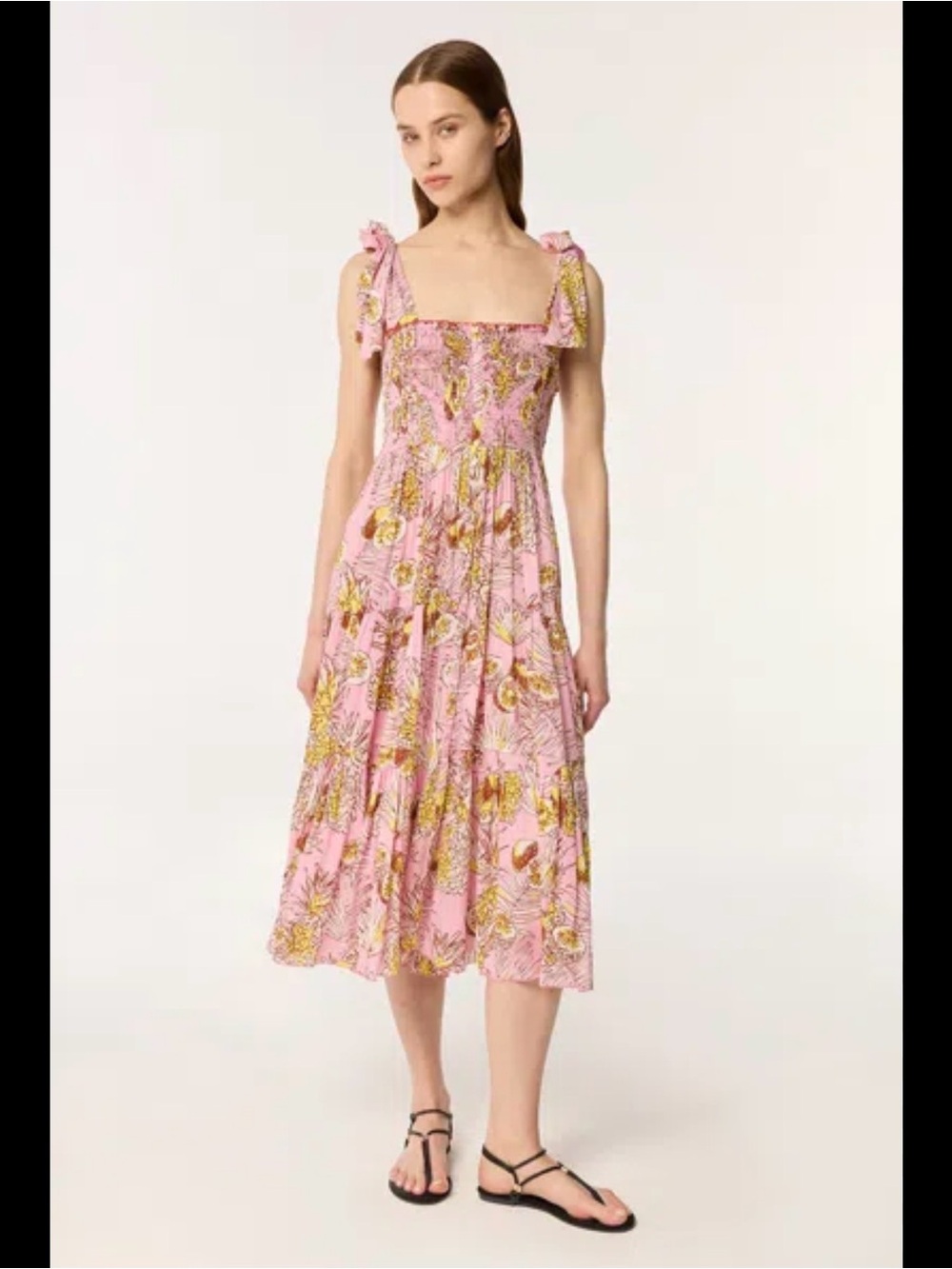 Poupette St. Barth Triny Pink Floral Tie-Shoulder Midi Dress
